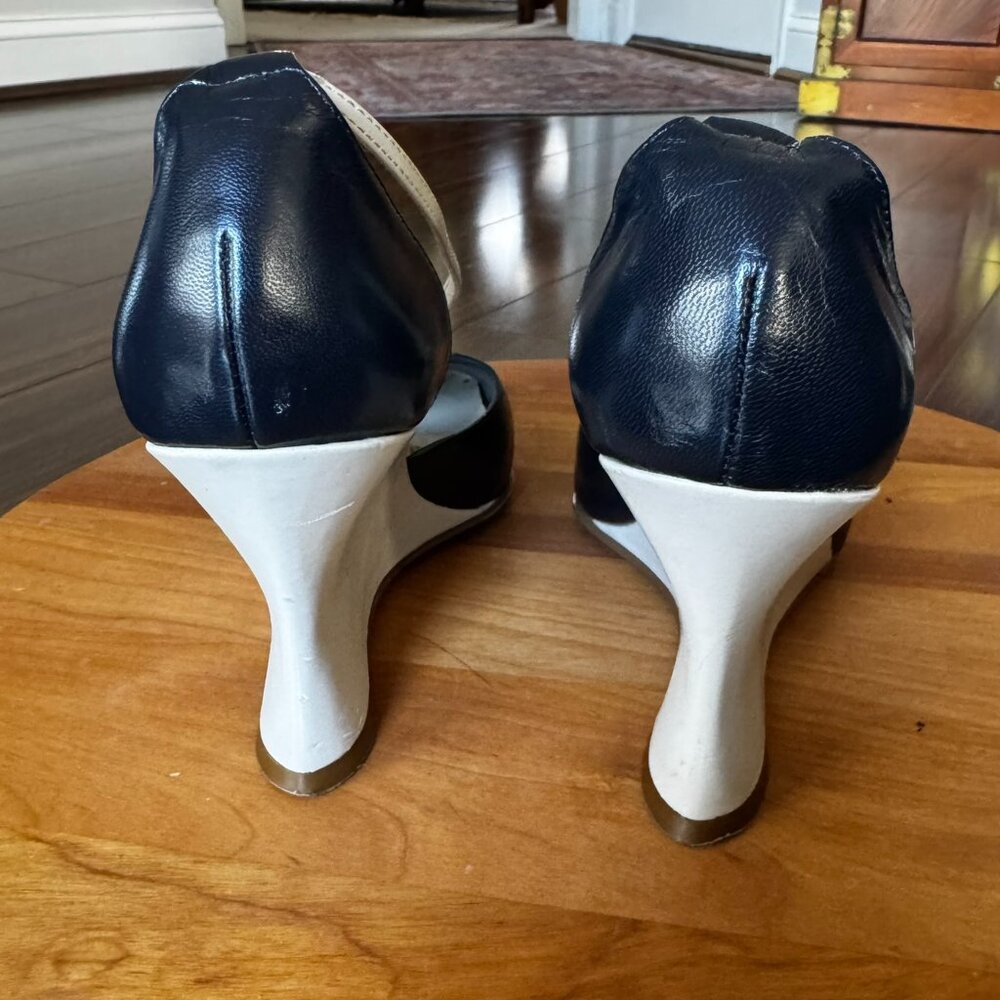 Strappy Blue & Cream Leather Wedge Heels -- Women’s 6.5 -- Nautical Preppy - Picture 3 of 10